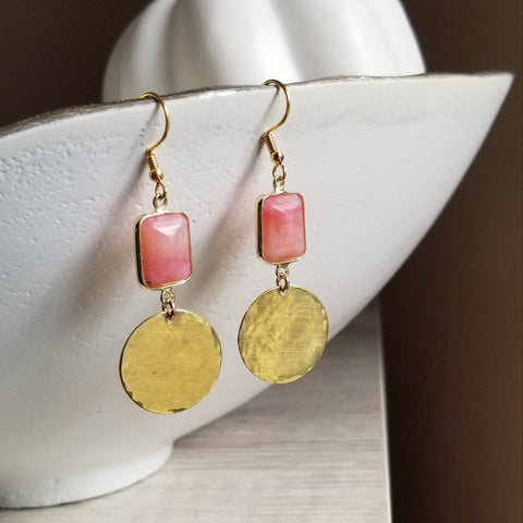 Elegant gold dangle earrings with natural pink opal gemstones, feminine handmade jewelry with soft blush tones.