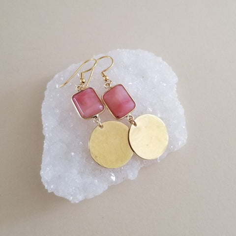 Elegant gold dangle earrings with natural pink opal gemstones, feminine handmade jewelry with soft blush tones.