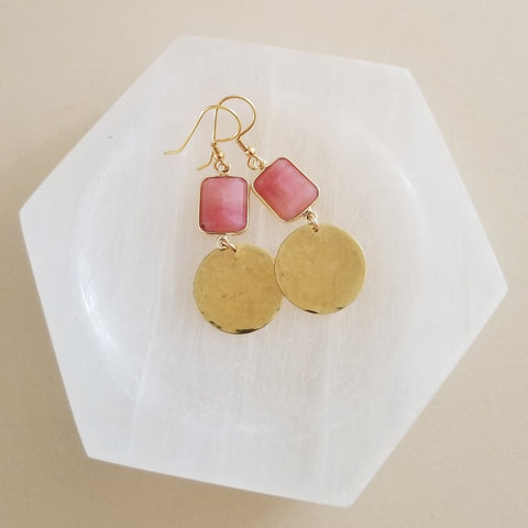Gold Pink Opal Dangle Earrings, Hammered Boho Gemstone Earrings