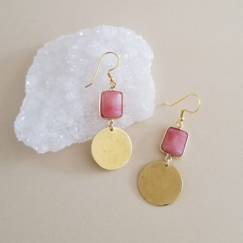 Elegant gold dangle earrings with natural pink opal gemstones, feminine handmade jewelry with soft blush tones. October birthstone jewelry