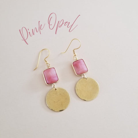 Elegant gold dangle earrings with natural pink opal gemstones, feminine handmade jewelry with soft blush tones. Gift for her. October birthstone