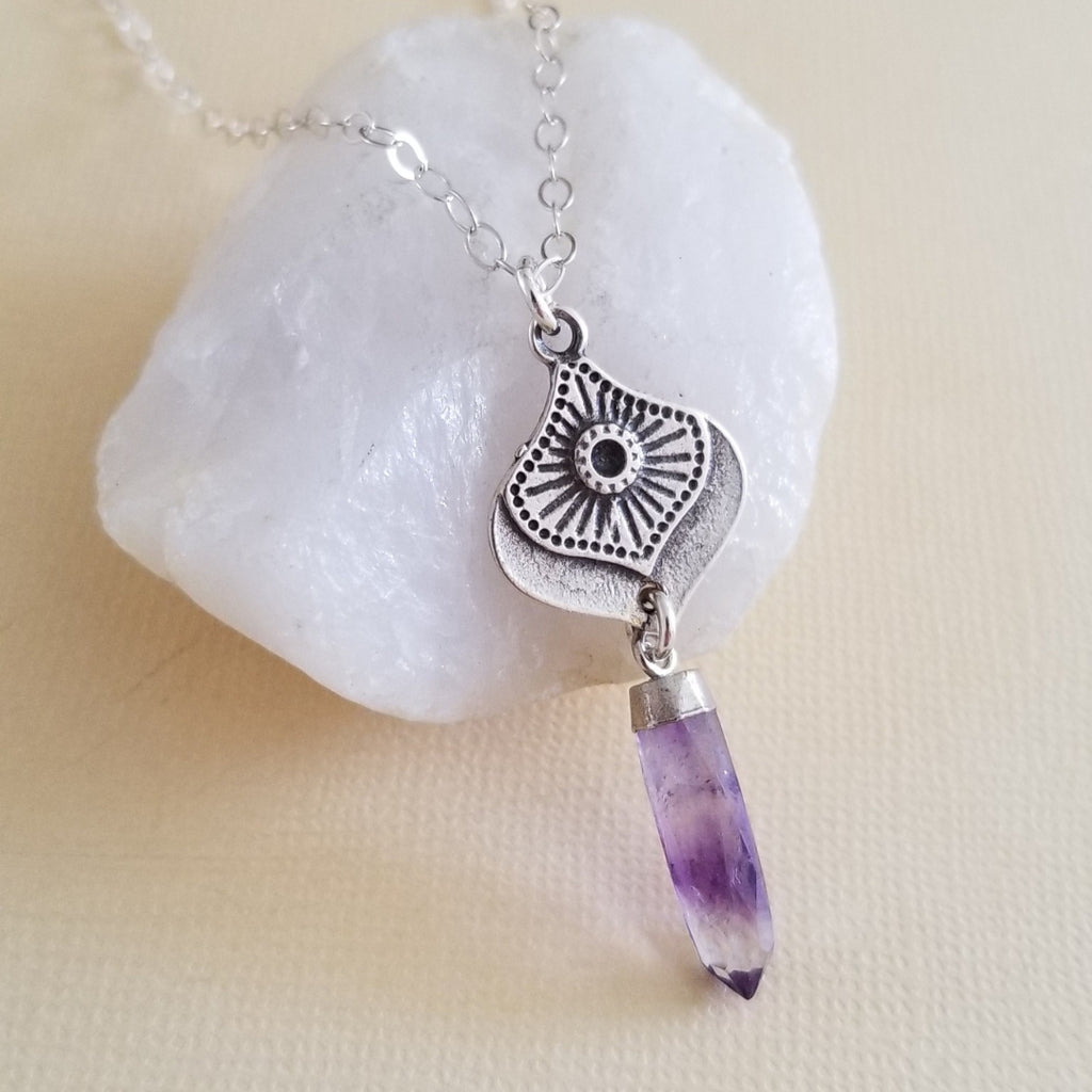 Amethyst Spike Stone Pendant Necklace, Dainty Sterling Silver Chain