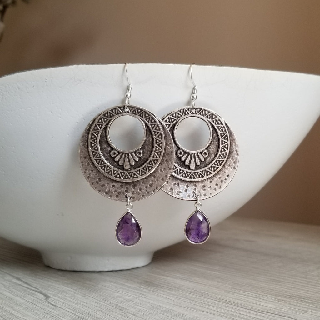 Boho Silver Hoops, Moroccan Earrings, Oxidized Silver Earrings, Amethyst or Moonstone, Statement Earrings, Gemstone Dangle Earrings