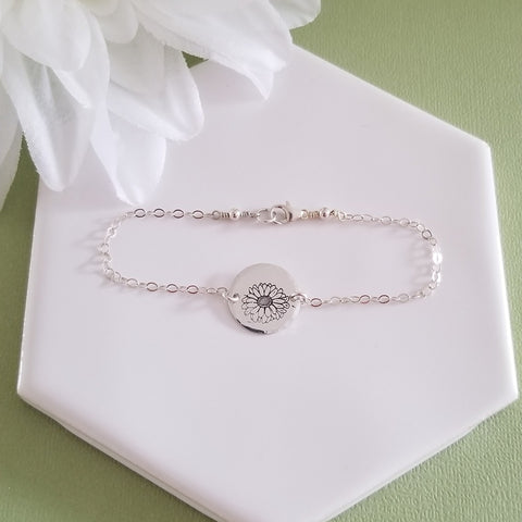 Daisy Flower Bracelet, Thin Silver Bracelet, Flower Bracelet, Gift for Her, Dainty Bracelet for Women, April Birth Flower, Daisy Charm Bracelet