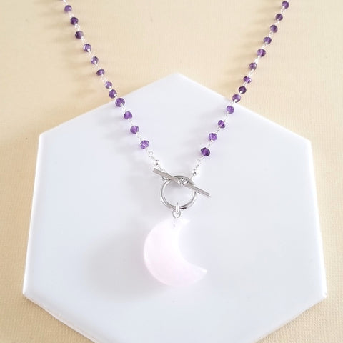 Boho Amethyst Beaded Toggle Necklace with Rose Quartz Moon Pendant