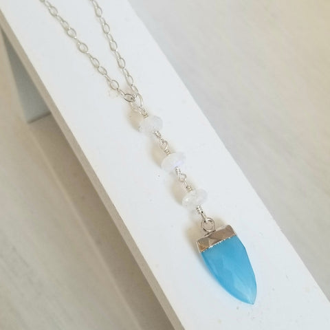 Moonstoone and Blue Chalcedony Y Necklace, Long Pendant Necklace, Bohemian Bride Necklace, Boho Bridesmaid Necklace, Boho Wedding Jewelry