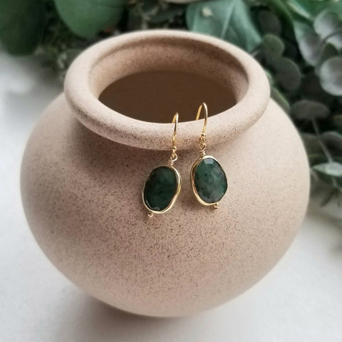 Emerald Earrings, Gold Dangling Emerald Earrings, Dainty Gemstone Earrings, May Birthstone, Emerald Jewelry, Handmade Earrings, Gift for Her