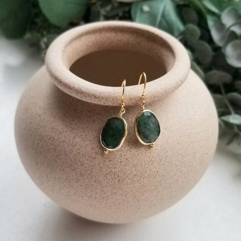Dainty Gold Emerald Earrings, Handmade Gemstone Earrings