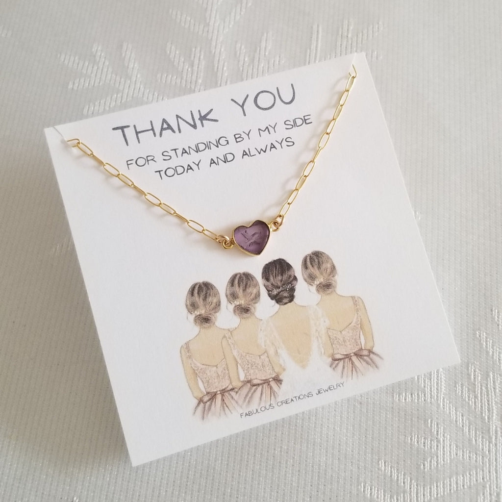 Bridesmaid Gift, Dainty Gemstone Heart Necklace, Wedding Jewelry, Amethyst Necklace, Gold Paperclip Chain
