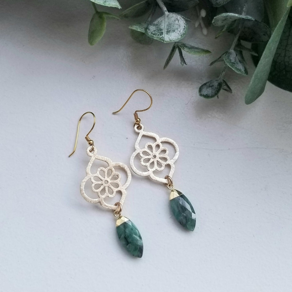 Emerald Earrings, Raw Emerald Dangle Earrings, Gold Flower Earrings, Statement Earrings for Women, Gift for Her, Handmade Gemstone Earrings, May Birthstone