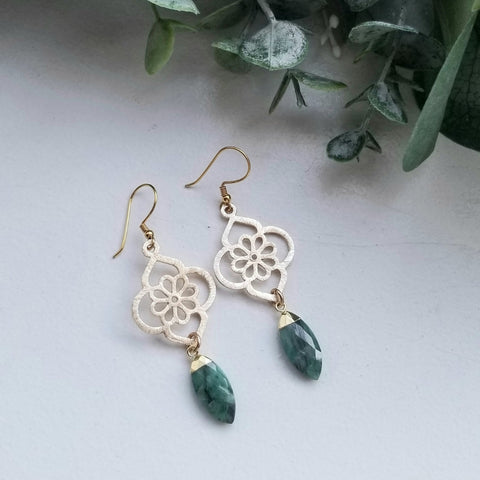 Emerald Earrings, Gold Flower Earrings with Emerald