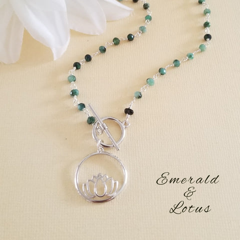 Emerald and Lotus Necklace, Beaded Emerald Necklace for Women, Lotus Flower Pendant Necklace, Gift for Her, May Birthstone