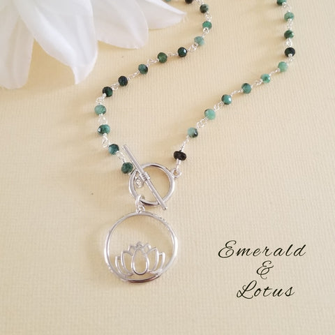 Emerald and Lotus Necklace, Beaded Emerald Necklace for Women, Lotus Flower Pendant Necklace, Gift for Her, May Birthstone
