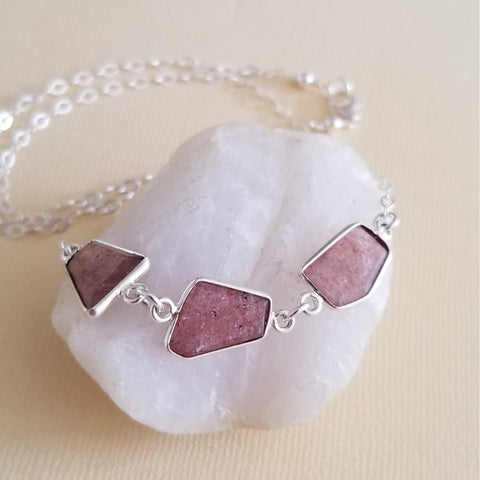 Strawberry Quartz Necklace, Dainty Statement Necklace, Gemstone Bar Necklace, Layering Necklace, Pink Stone Necklace, Gift for Her