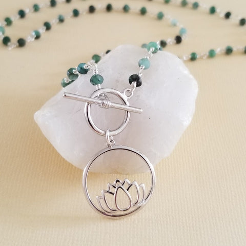 Emerald Necklace, Lotus Flower Pendant Necklace, Silver Front Toggle Necklace, Boho Lotus Necklace, Raw Emerald Beaded Chain, Gift for Her