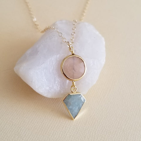 Aquamarine and Peach Moonstone Necklace, Aquamarine Pendant Necklace, Thin Gold Chain Necklace, Dainty Gemstone Necklace, Gift for Her, Handmade Necklace