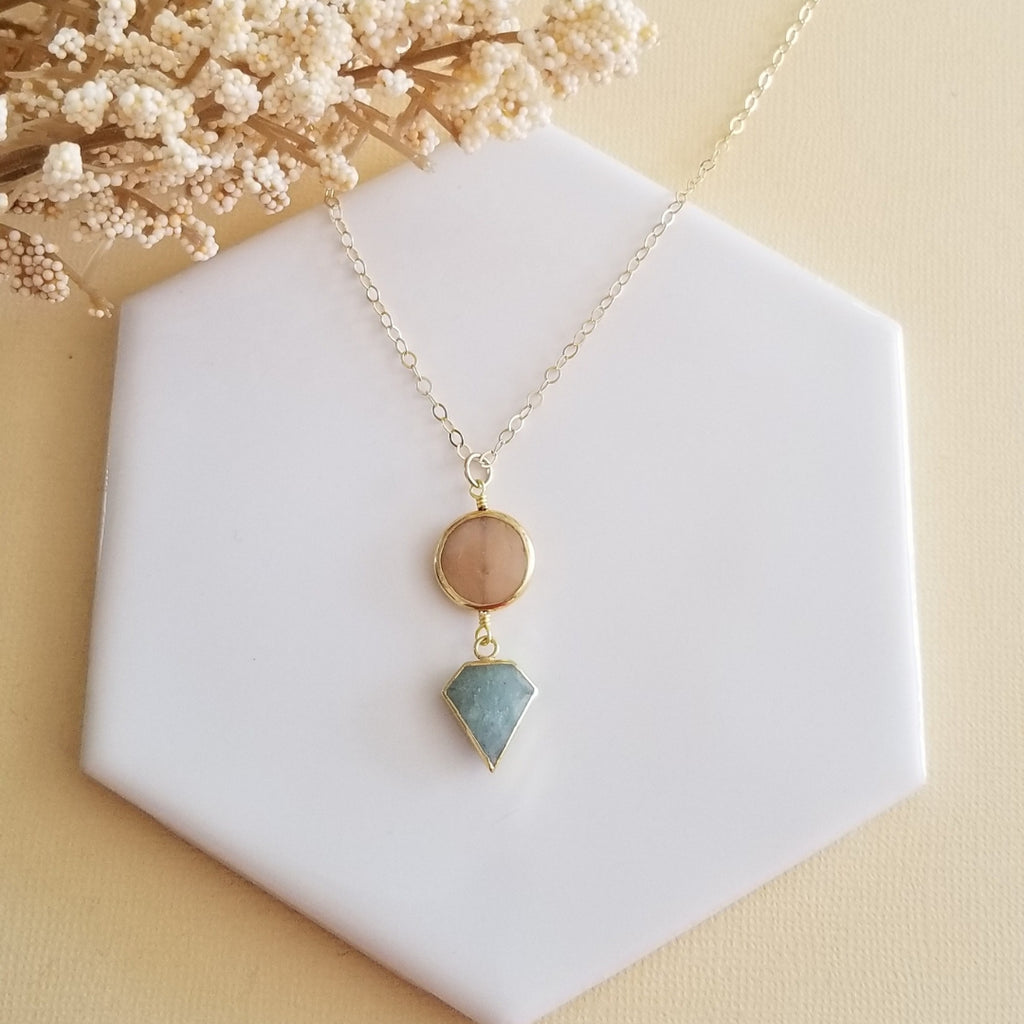 Gold Peach Moonstone and Aquamarine Pendant Necklace, Dainty Gold Necklace, Gemstone Pendant Necklace, Handmade Jewelry for Women