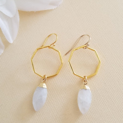 Moonstone Earrings, Gold Moonstone Dangle Earrings, Geometric Earrings, Moonstone Jewelry, Gemstone Drop Earrings, Boho Statement Earrings, Bride Earrings