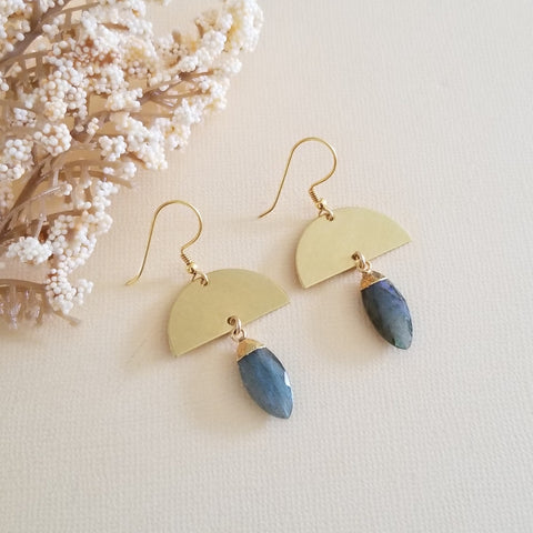 Gold Labradorite Earrings, Half Moon Gemstone Dangle Earrings