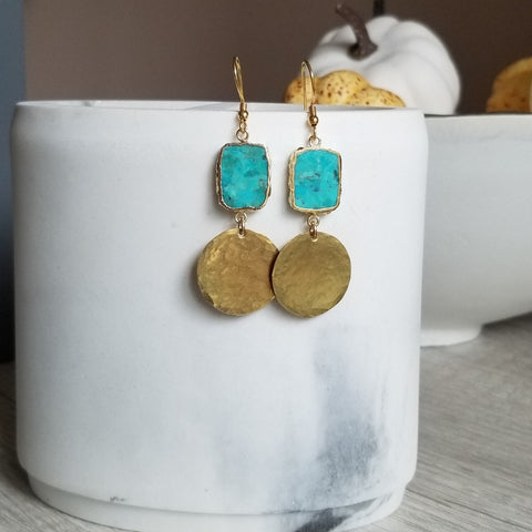 Turquoise Earrings, Gold Turquoise Dangle Earrings, Gold Hammered Earrings, Turquoise Jewelry, Handmade Turquoise Drop Earrings,Gift for Her