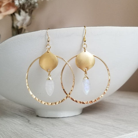 Moonstone Earrings, Large Gold Hoops, Bohemian Statement Earrings, Moonstone Dangle Earrings, Boho Hoops, Boho Bride Earrings, Gemstone Hoop