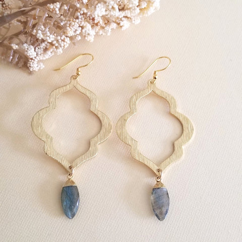 Labradorite Earrings, Gold Quatrefoil Earrings, Labradorite Dangle Earrings, Statement Earrings, Geometric Dangle Earrings, Brushed Gold