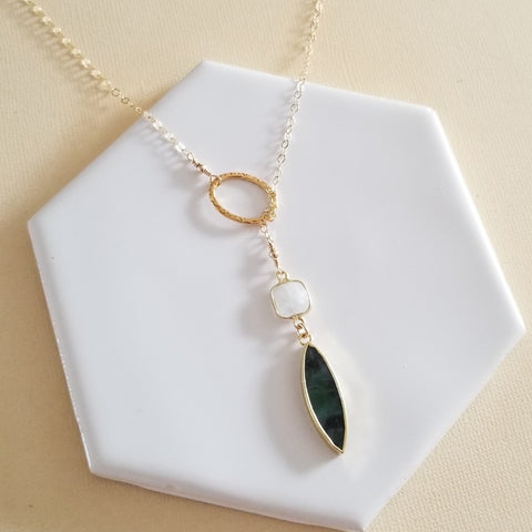 Gold Moonstone and Emerald Lariat Necklace, Gemstone Y Necklace, Boho Stone Lariat Necklace, Gift for Her