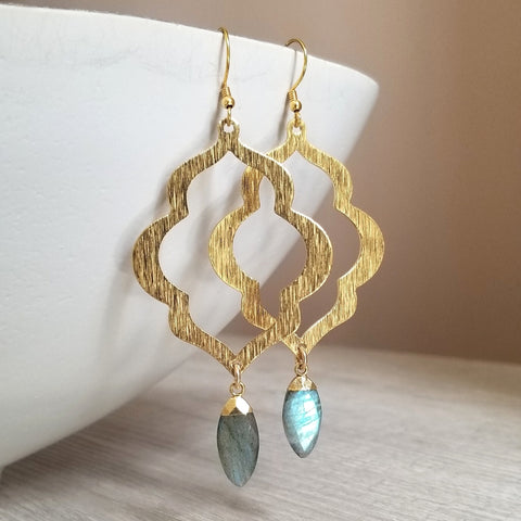 Gold Quatrefoil Statement Earrings Labradorite Dangle Earrings