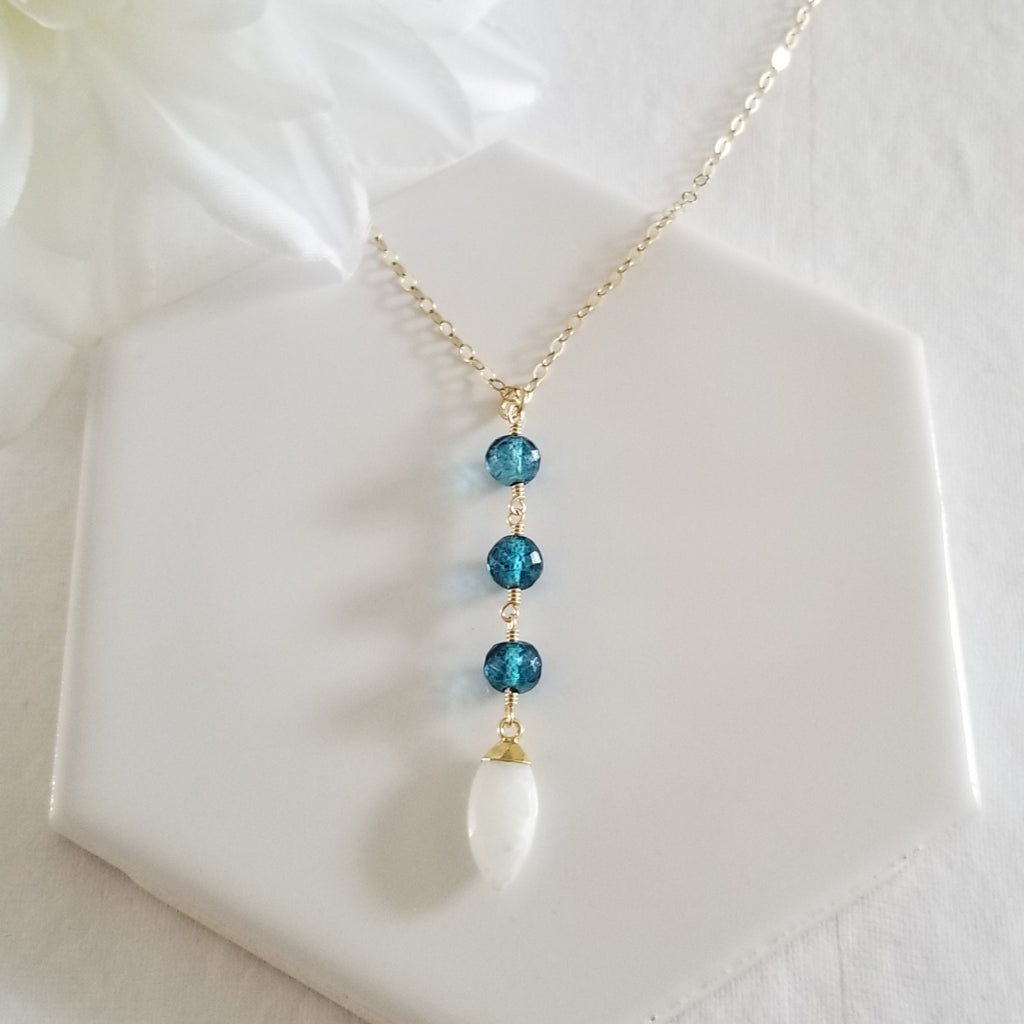 London Blue Topaz and Moonstone Necklace, Moonstone Y Necklace, Boho Center Drop Necklace, Long Pendant Necklace, Statement Necklace