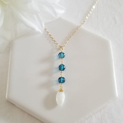 London Blue Topaz and Moonstone Y Necklace, Long Gemstone Pendant Necklace