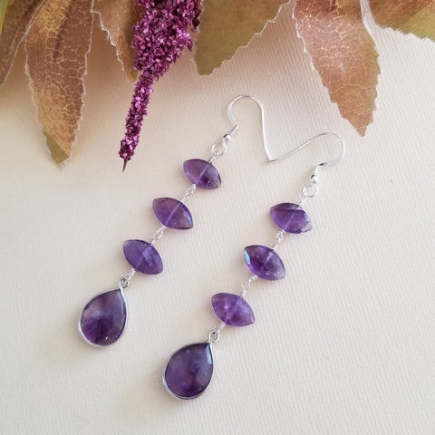 Long Amethyst Earrings, Gemstone Dangling Earrings, Handmade Gemstone Earrings, Gift for Her