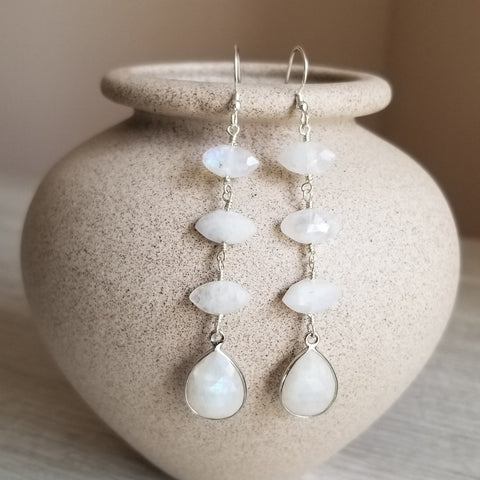 Long Moonstone Dangle Earrings, Geometric Gemstone Earrings, Moonstone Dangling Earrings, Handmade Gemstone Earrings,