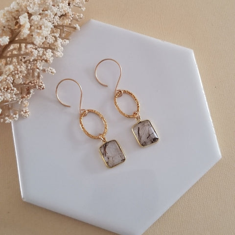 Copper Rutilated Quartz Earrings, Gold Circle Earrings, Crystal Dangle Earrings, Small Hoops