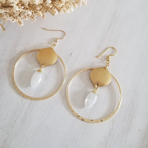 Bohemian Gold Hoop Earrings with Moonstone, Boho Statement Earrings