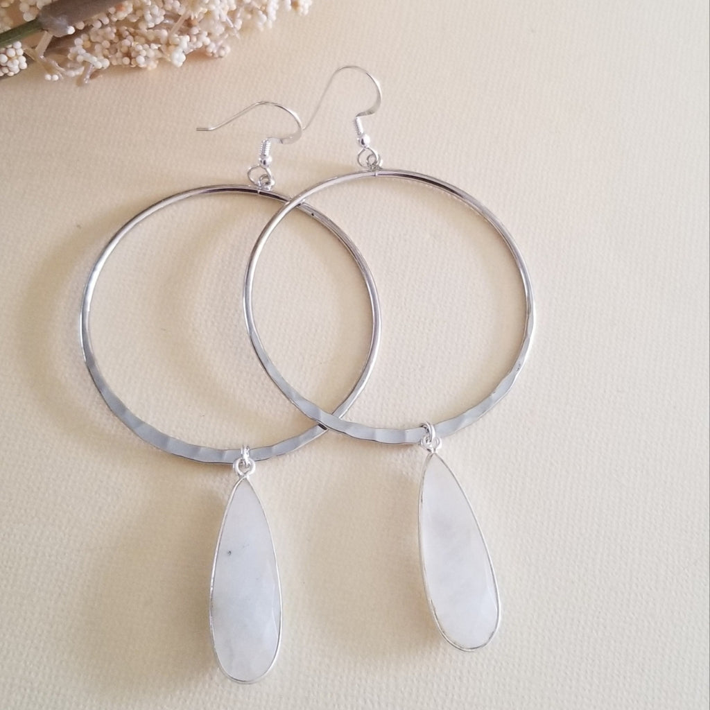 Silver Hoop Earrings with Moonstone, Boho Hoops, Bohemian Statement Earrings