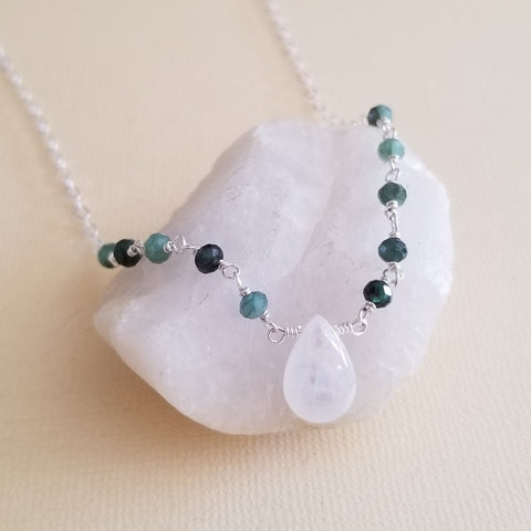 Emerald and Moonstone Teardrop Necklace, Dainty Gemstone Necklace