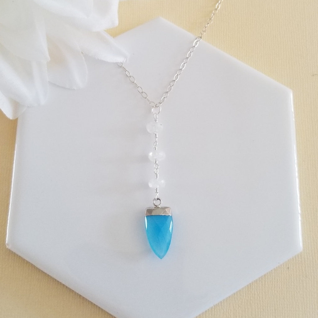 Rainbow Moonstone and Blue Chalcedony Necklace, Center Drop Pendant, Boho Stone Necklace, Gemstone Y Necklace, Gift for Women, Stone Pendant