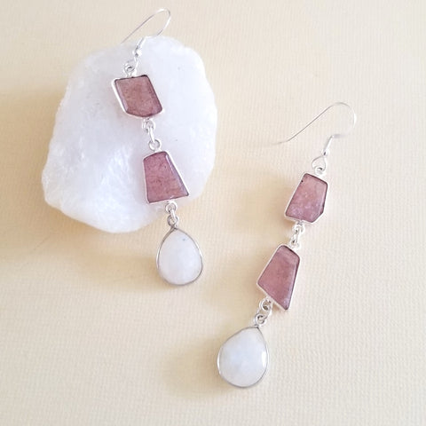 Moonstone Earrings, Strawberry Quartz Dangle Earrings, Long Gemstone Earrings, Statement Earrings, Gem Drop Earrings, Pink Stone Earrings