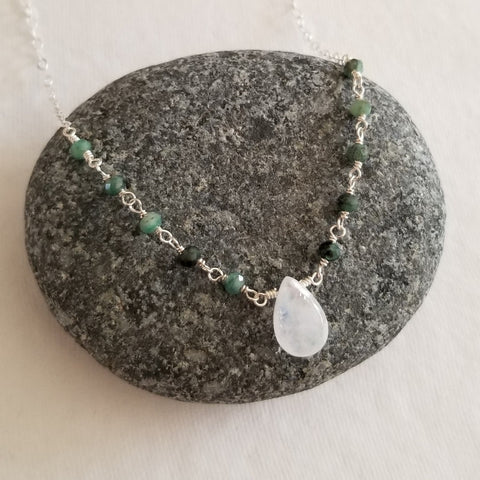 Moonstone and Emerald Necklace, Moonstone Teardrop Pendant Necklace, Dainty Beaded Emerald Necklace, Gift for Her, Handmade Gemstone Necklace