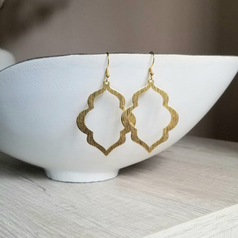 Gold Quatrefoil Earrings, Brushed Gold Earrings, Moroccan Earrings for Women, Boho Bride Jewelry, Statement Earrings, Dangle Drop Earrings