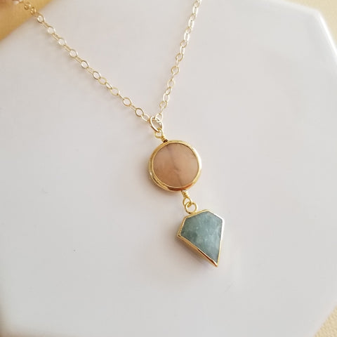 Gold Gemstone Necklace, Peach Moonstone and Aquamarine Necklace, Layering Necklace, Christmas Gift for Women