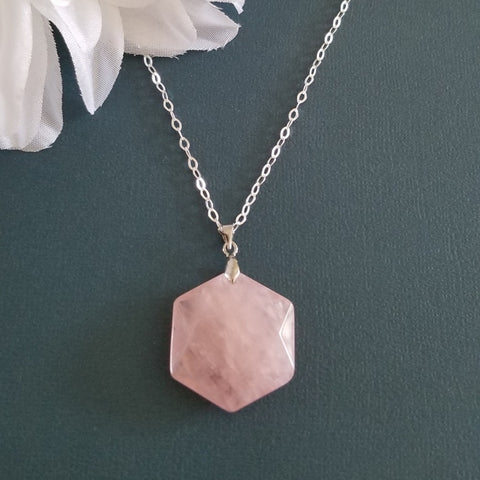 Rose Quartz Necklace, Pink Gemstone Necklace, Stone of Love, Rose Quartz Pendant Necklace, Gift for Her, Pink Quartz Hexagon Necklace