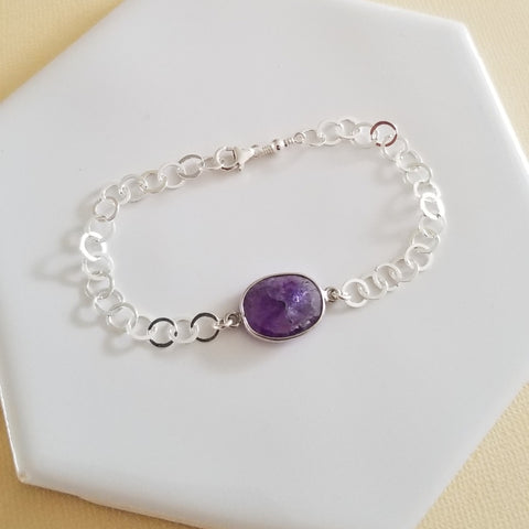 Amethyst Bracelet, Sterling Silver Gemstone Bracelet, Circle Link Stone Bracelet, Stacking Bracelets, Silver Chain Bracelet for Women