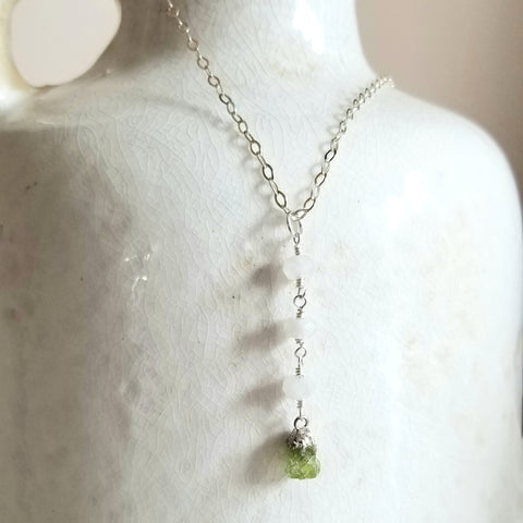 Raw Peridot and Moonstone Y Necklace, Boho Stone Necklace, August Birthstone, Gift for Her, Handmade Necklace