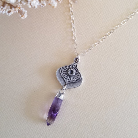 Raw Amethyst Spike Necklace, Thin Silver Necklace, Gemstone Pendant Necklace, Dainty Petal Pendant, Amazonite Point Necklace, Gift for Her