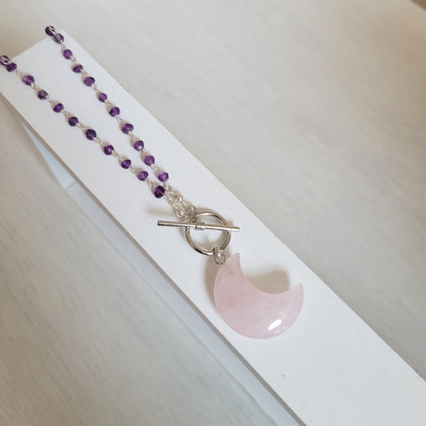 Boho Amethyst Beaded Toggle Necklace with Rose Quartz Moon Pendant