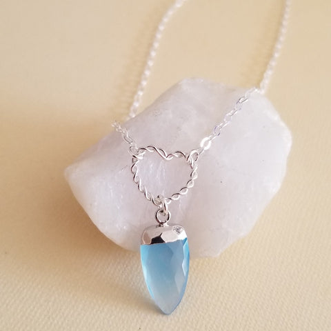 Silver Heart Necklace, Blue Chalcedony Necklace, Heart Pendant with Gemstone, Gift for Her, Heart Jewelry, Dainty Gemstone Necklace