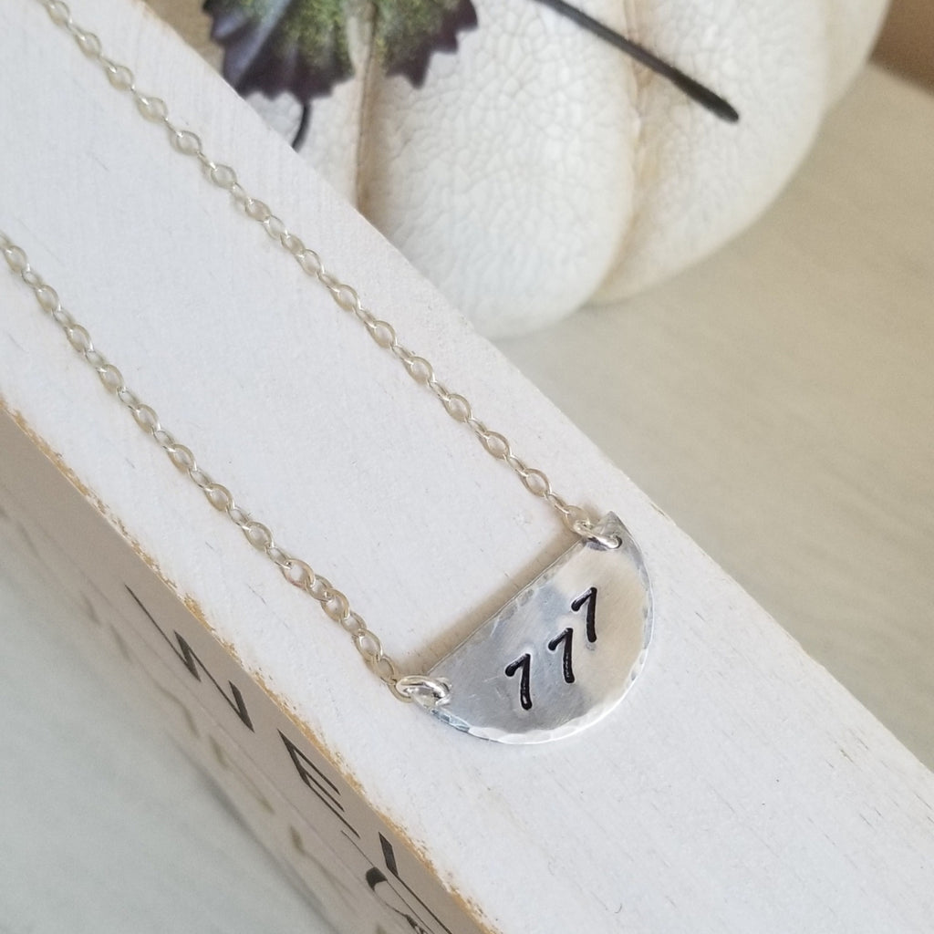 Silver Angel Number Necklace, Spiritual Jewelry, Half Moon Necklace, Gift for Her
