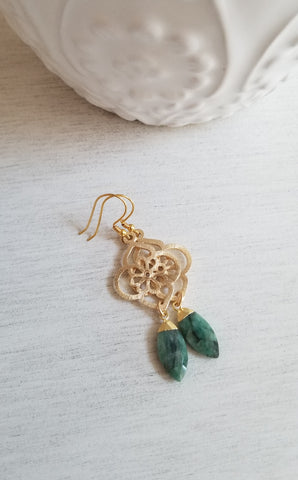 Emerald Earrings, Gold Flower Earrings with Emerald