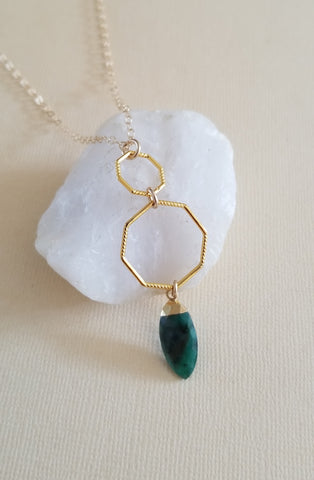 Handmade Gemstone Pendant Necklace, Moonstone Necklace, Gold Geometric Pendant, Long Boho Necklace